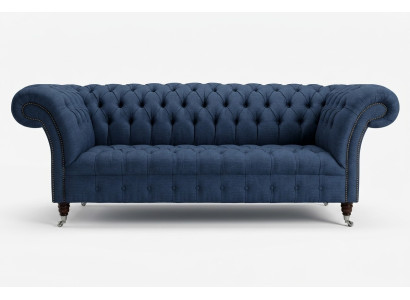 Texto Chesterfield de tela azul de 4 plazas, sofá tapizado de diseñador.