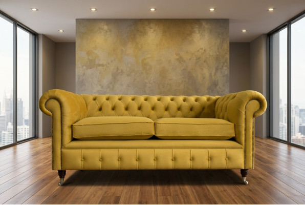 Sofá de diseño Chesterfield amarillo de dos plazas para sala de estar.