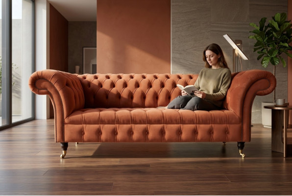 Lujo Chesterfield sofá de tres plazas en naranja diseño de salón de alta gama.