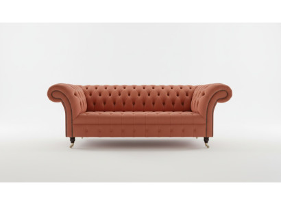 Lujo Chesterfield sofá de tres plazas en naranja diseño de salón de alta gama.