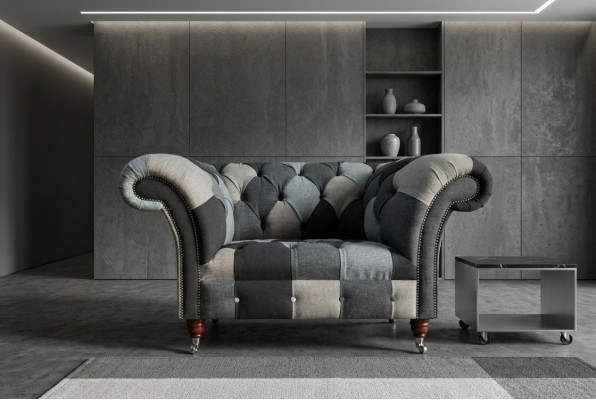 Sillón Chesterfield de color gris azulado de lujo de diseñador de una plaza