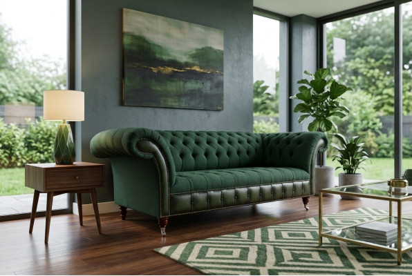 Sofá Chesterfield verde de diseñador de lujo de 3 plazas para sala de estar.
