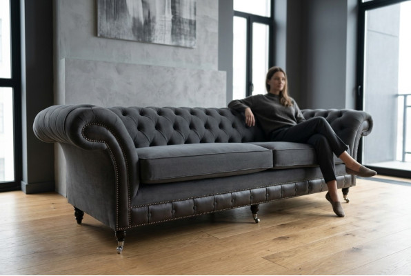 Sofá clásico Chesterfield de 4 plazas en terciopelo y cuero, diseño negro, nuevo.