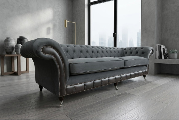Sofá clásico Chesterfield de 4 plazas en terciopelo y cuero, diseño negro, nuevo.