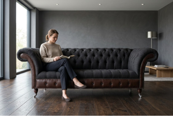 Chesterfield Original Sofá JVMoebel Sofá Textil Sofás Sofás Tela Negro Nuevo