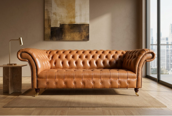 Sofá moderno Chesterfield de tres plazas de color marrón claro.