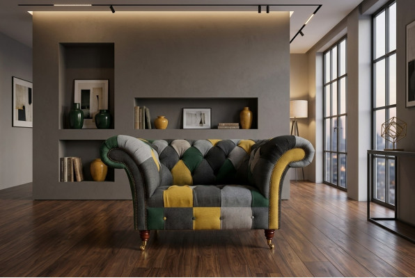 Sillón Chesterfield de una plaza de colores vivos, sillón de salón moderno.