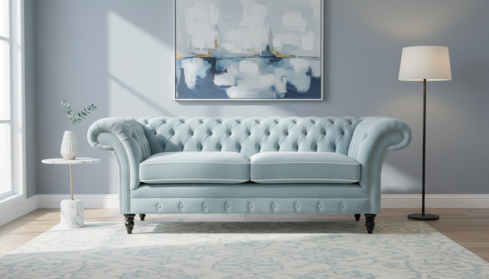 Sofá de lujo Chesterfield de tres plazas de color azul claro moderno.