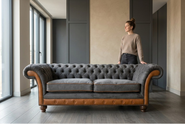 Sofá de lujo Chesterfield de 3 plazas en gris marrón para la sala de estar.
