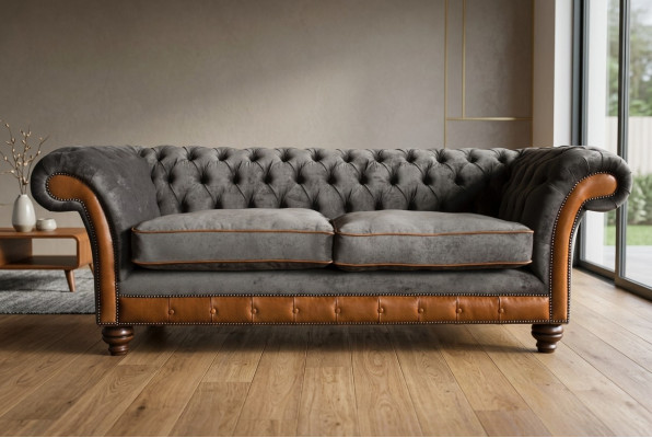 Sofá de lujo Chesterfield de 3 plazas en gris marrón para la sala de estar.