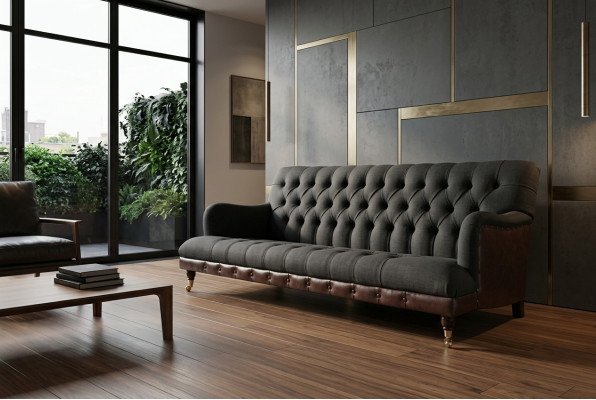 Sofá clásico Chesterfield de 3 plazas en terciopelo azul y cuero diseño tapizado.