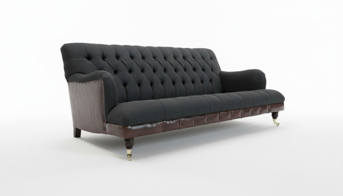 Sofá clásico Chesterfield de 3 plazas en terciopelo azul y cuero diseño tapizado.