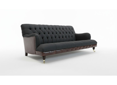 Sofá clásico Chesterfield de 3 plazas en terciopelo azul y cuero diseño tapizado.