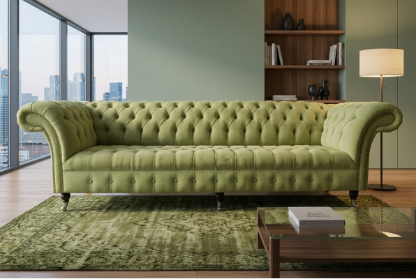 Sofá clásico Chesterfield de 4 plazas Sofás de cuero verde Diseño de tapicería