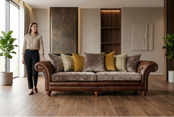 Sofá Chesterfield clásico de 4 plazas Sofás Sofás de cuero marrón de diseño.