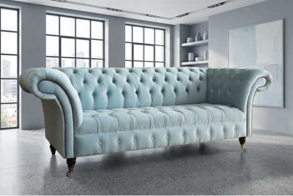 Chesterfield sofá tapizado de 3 plazas en cuero estilo moderno azul.