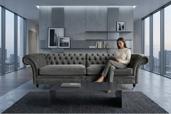 Sofá Chesterfield clásico de 4 plazas, sofás de diseño, sofás tapizados, cuero marrón.