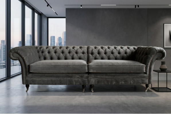 Sofá Chesterfield clásico de 4 plazas, sofás de diseño, sofás tapizados, cuero marrón.