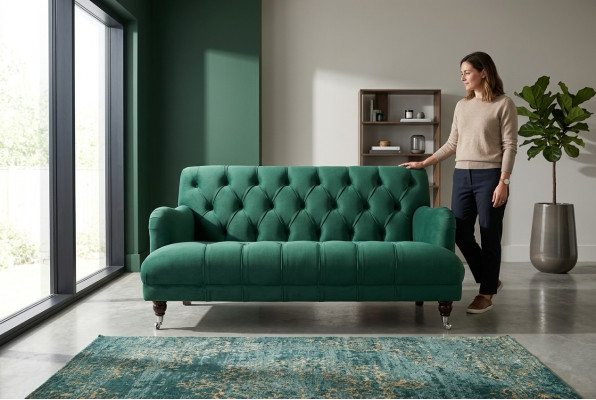 Chesterfield sofá de dos plazas tapizado de cuero verde estilo moderno tela