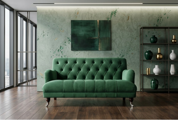 Chesterfield sofá de dos plazas tapizado de cuero verde estilo moderno tela