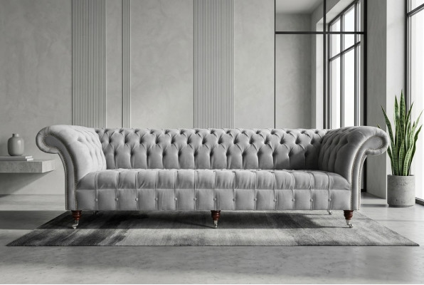 Clásico sofá Chesterfield de 4 plazas en cuero gris de diseño acolchado.