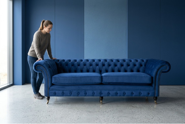 Sofá Chesterfield clásico de 4 plazas en terciopelo azul de cuero diseño tapizado