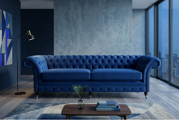 Sofá Chesterfield clásico de 4 plazas en terciopelo azul de cuero diseño tapizado
