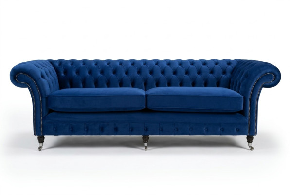 Sofá Chesterfield clásico de 4 plazas en terciopelo azul de cuero diseño tapizado
