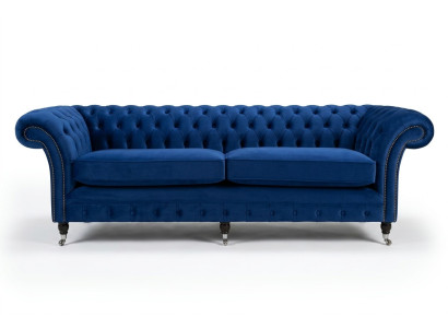 Sofá Chesterfield clásico de 4 plazas en terciopelo azul de cuero diseño tapizado
