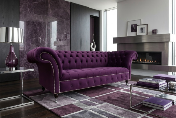 Chesterfield Original Sofá Sofá Textil Sofás Tela Morado 225cm Sofá