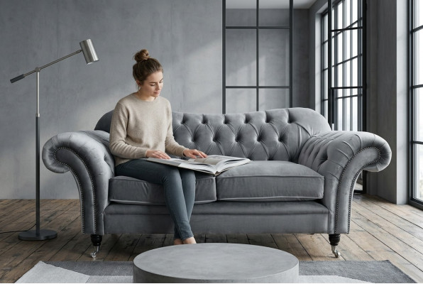 Chesterfield Original Sofá Textil Sofás Sofás Tela Gris 200cm Sofá