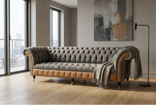 Sofá Chesterfield de diseñador color gris-marrón de lujo de 4 plazas