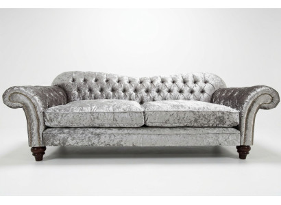 Clásico sofá Chesterfield de 4 plazas en terciopelo y cuero de diseño gris de 240 cm.