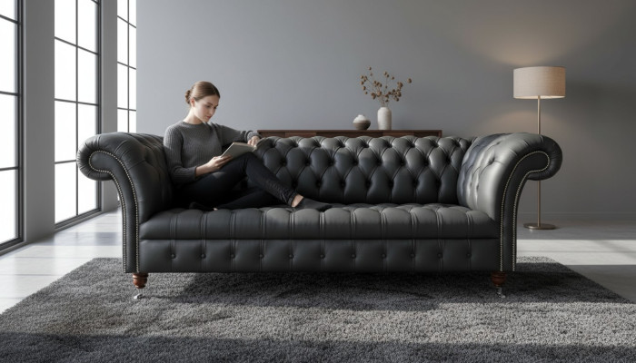 Sofá Chesterfield de cuero gris de tres plazas, diseño de 3 plazas.