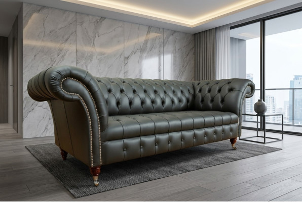 Sofá Chesterfield de cuero gris de tres plazas, diseño de 3 plazas.
