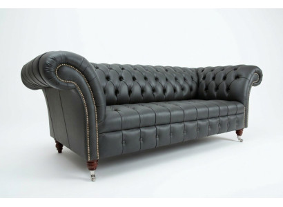 Sofá Chesterfield de cuero gris de tres plazas, diseño de 3 plazas.
