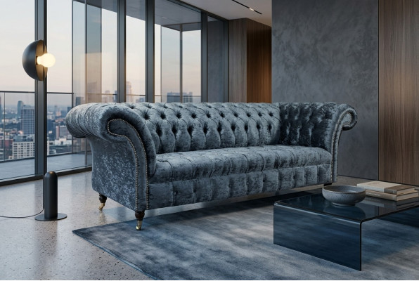 Sofá Chesterfield de diseño en textil para el salón de estar Sofás tres plazas gris.
