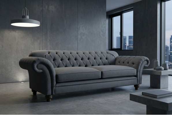 Sofá Chesterfield moderno, sofá de 4 plazas, diseño en terciopelo, cuero gris.