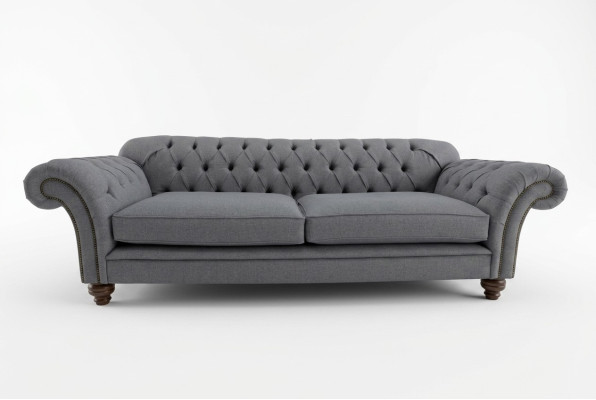 Sofá Chesterfield moderno, sofá de 4 plazas, diseño en terciopelo, cuero gris.