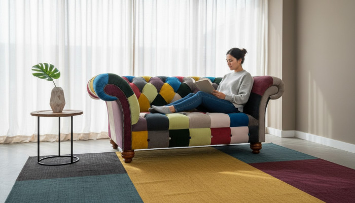Diseño moderno Sofá de 2 plazas Chesterfield colorido en tela Sofá acolchado de diseño