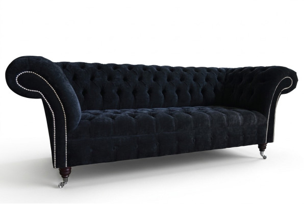 Sofá de lujo de tres plazas Chesterfield negro para la sala de estar.