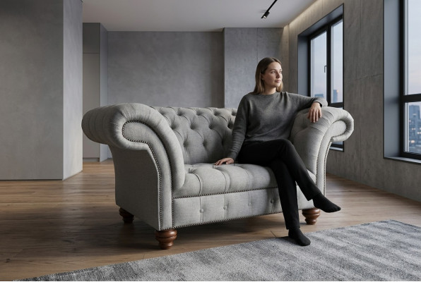 Chesterfield Diseño Tela Sofá Sillón 1.5 Plazas Sofás Acolchados Lounge Gris Terciopelo