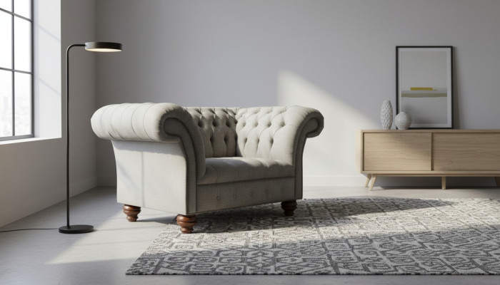Chesterfield Diseño Tela Sofá Sillón 1.5 Plazas Sofás Acolchados Lounge Gris Terciopelo