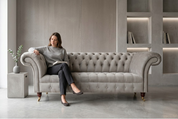 Estiloso sofá Chesterfield de tres plazas de color gris claro para salón de lujo.