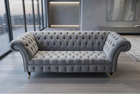 Sofá de lujo Chesterfield gris elegante de 3 plazas para sala de estar.