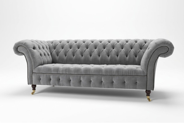 Sofá de lujo Chesterfield gris elegante de 3 plazas para sala de estar.