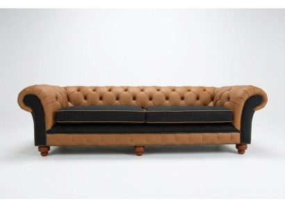 Sofá Chesterfield marrón de 4 plazas en terciopelo y cuero diseño.