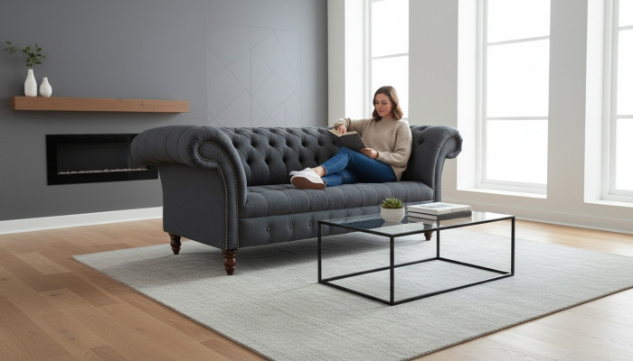 Sofá de tela gris Chesterfield de tres plazas gris de lujo para sala de estar.