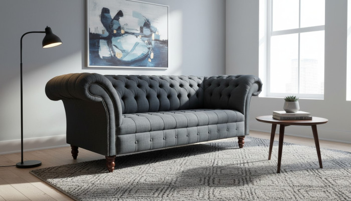 Sofá de tela gris Chesterfield de tres plazas gris de lujo para sala de estar.