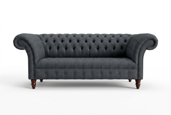 Sofá de tela gris Chesterfield de tres plazas gris de lujo para sala de estar.